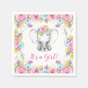 Watercolor Floral Elephant It's a Girl Baby Shower Napkin
