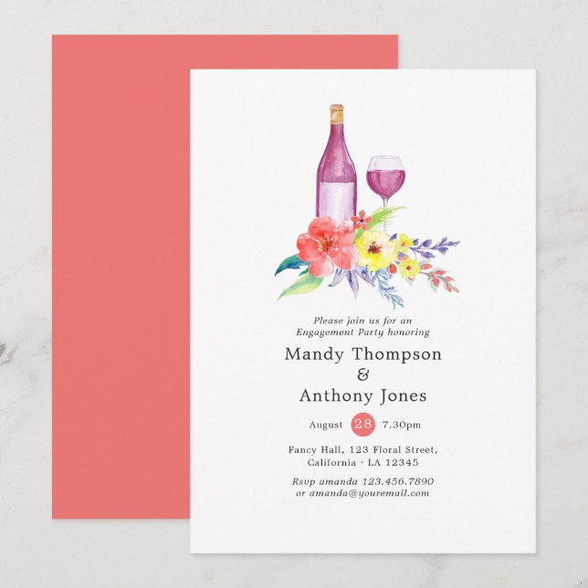 Watercolor Floral Engagement Party Wine Tasting Invitation (Front/Back)