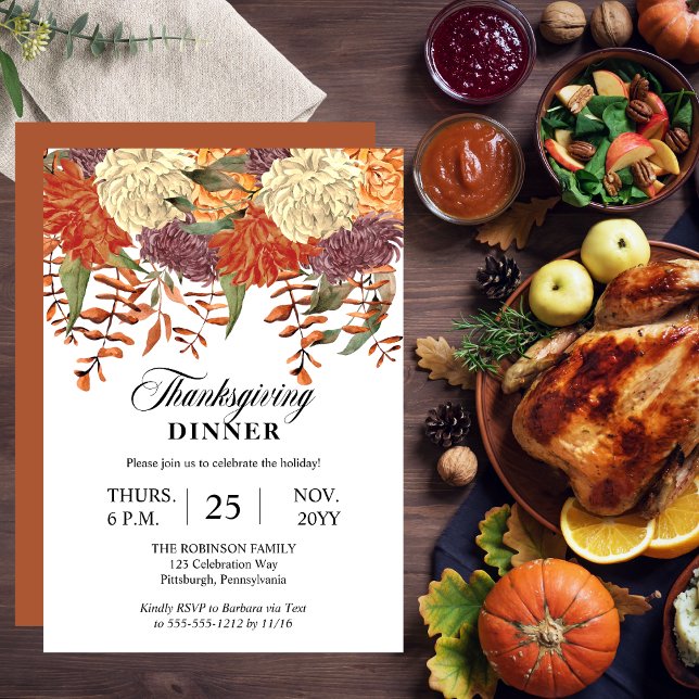 Watercolor Floral | Eucalyptus Thanksgiving Dinner Invitation (Watercolor Floral Eucalyptus Thanksgiving Dinner Invitation with Terracotta Back)