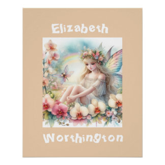 Watercolor floral fairy princess typography pink  poster