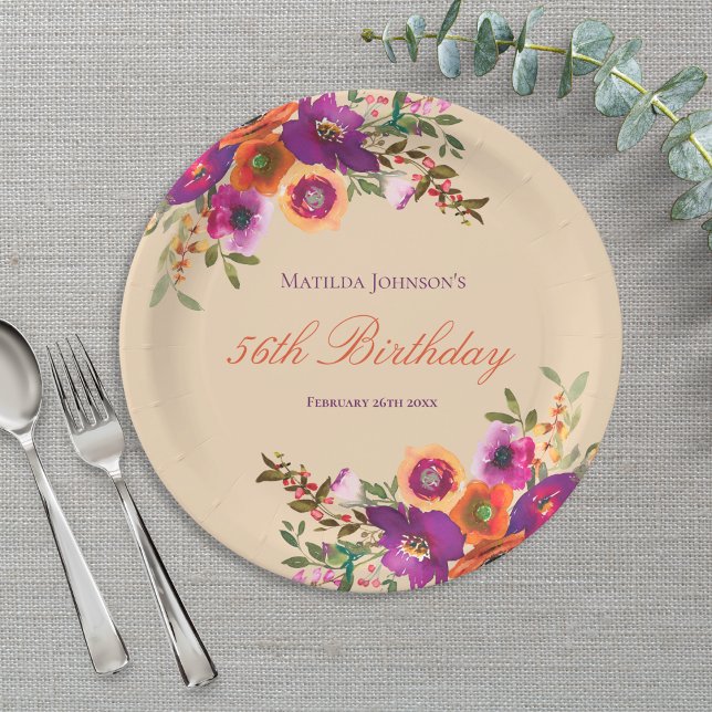 Watercolor Floral Fall Birthday Party Paper Plate (Watercolor Floral Fall Birthday Party Paper Plates)