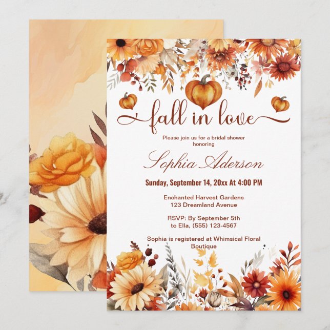 Watercolor Floral Fall In Love Pumpkin Hearts Invitation (Front/Back)