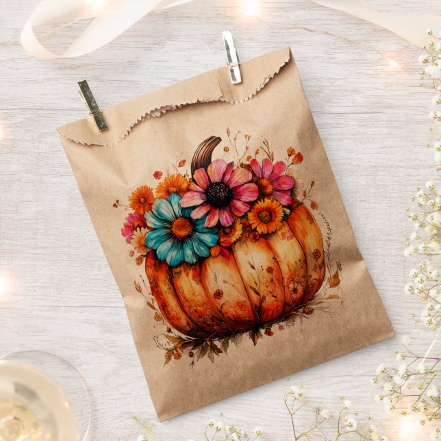 Watercolor Floral Fall Pumpkin Favour Bag (Clipped)