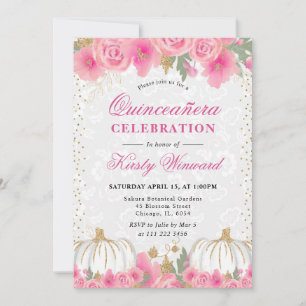 Watercolor Floral Fall Pumpkin Quinceanera Invitation