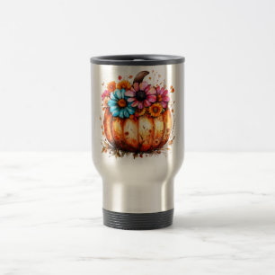 Watercolor Floral Fall Pumpkin Travel Mug