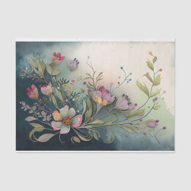 Watercolor Floral Fantastical Whimsical Decoupage Tissue Paper (Front)
