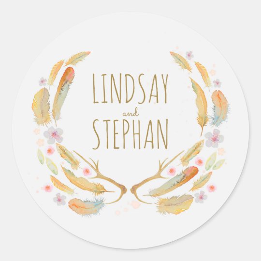 Watercolor Floral Feathers Antlers Rustic Wedding Classic Round Sticker