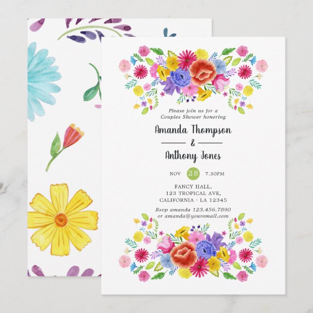 Watercolor Floral Fiesta Couples Shower Invitation (Front/Back)