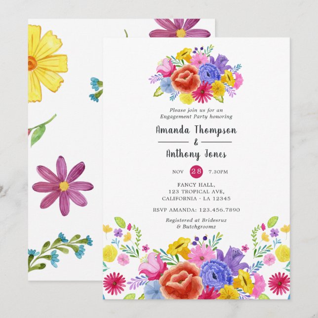 Watercolor Floral Fiesta Engagement Party Invitation (Front/Back)