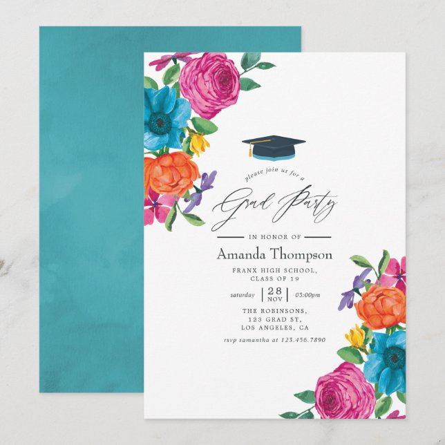 Watercolor Floral Fiesta Graduation Party Invitation (Front/Back)