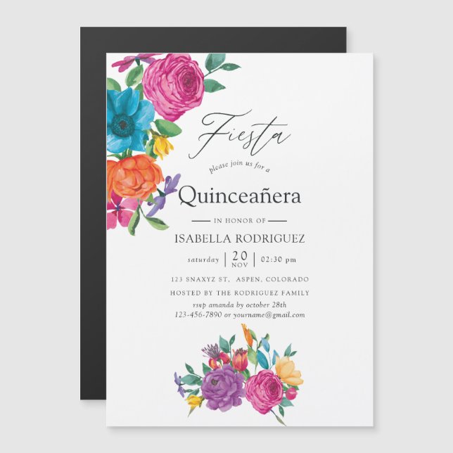 Watercolor Floral Fiesta Quinceañera Magnetic Invitation (Front/Back)