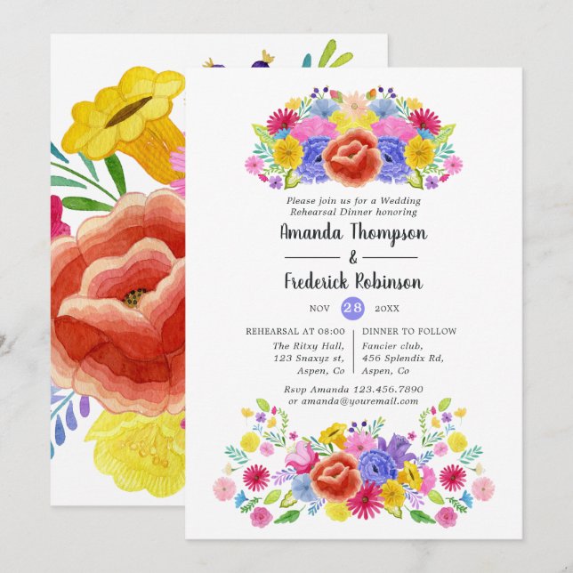 Watercolor Floral Fiesta Rehearsal Dinner Invitation (Front/Back)