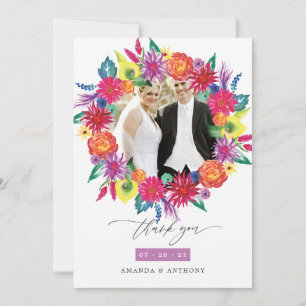 Watercolor Floral Fiesta Wedding Photo Thank You Card