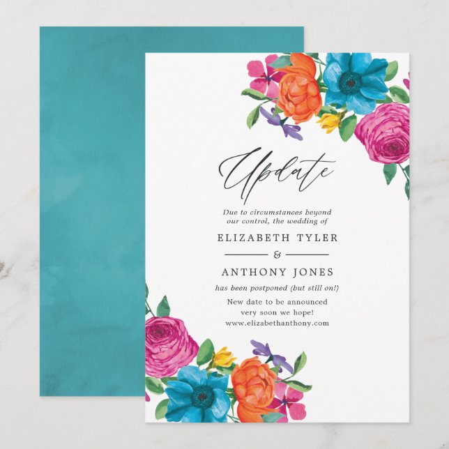 Watercolor Floral Fiesta Wedding Update Invitation (Front/Back)
