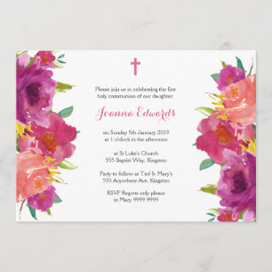 Watercolor Floral First Communion Personalized Invitation