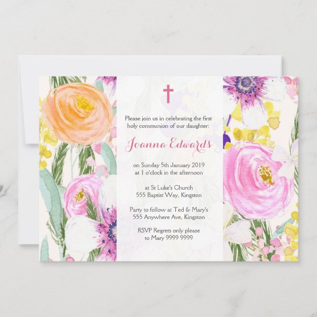 Watercolor Floral First Communion Personalized Invitation (Front)