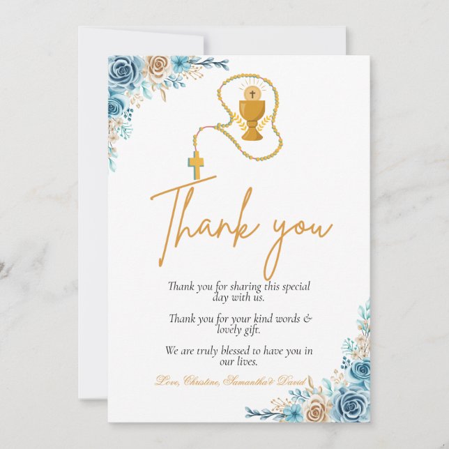 Watercolor floral first holy communion thank you  invitation (Front)