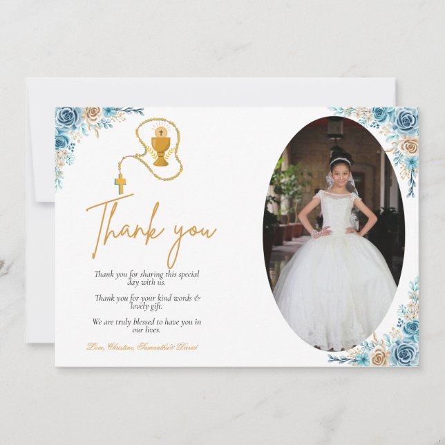 Watercolor floral first holy communion thank you  invitation (Front)