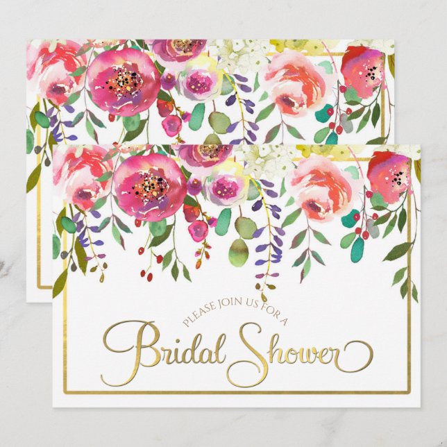 Watercolor Floral Flowers Modern Bridal Shower Invitation (Front/Back)