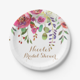 Watercolor Floral Flowers Modern Colourful Wedding Paper Plate