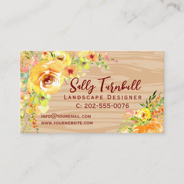Watercolor Floral Flowers Rustic Wood  Business Card (Front)