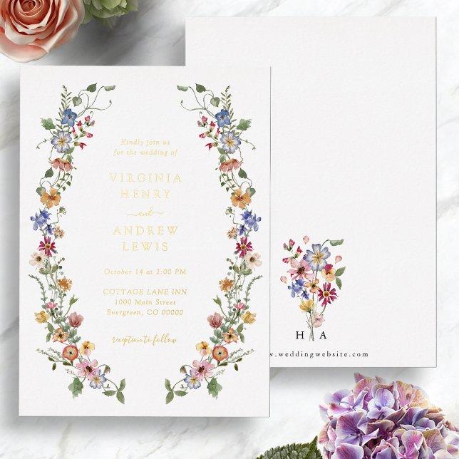 Watercolor Floral Foil Invitation (Colorful Watercolor Floral Foil Wedding Invitation Monogrammed back by Painted Paperie
)