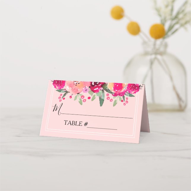 Watercolor Floral Folded Wedding Table Place Card (Front)