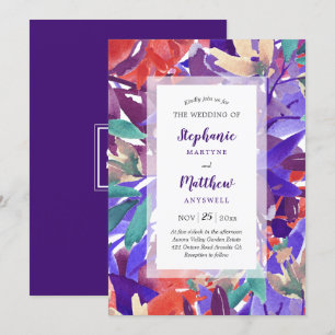 Watercolor Floral Foliage Coral Purple Wedding Invitation