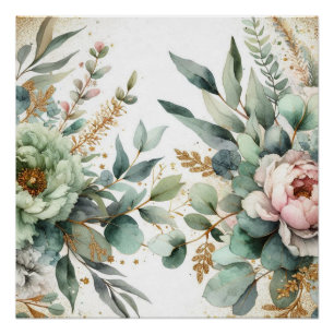 Watercolor Floral Foliage Green Pink Gold Accents Poster