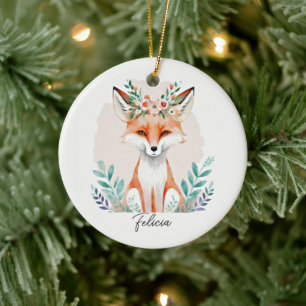 Watercolor floral fox personalized ceramic ornament