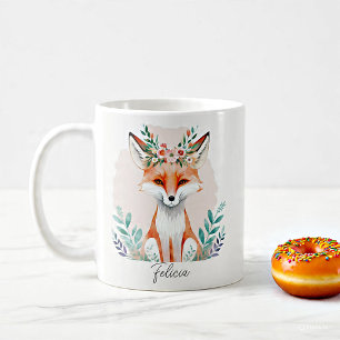 Watercolor floral fox personalized coffee mug