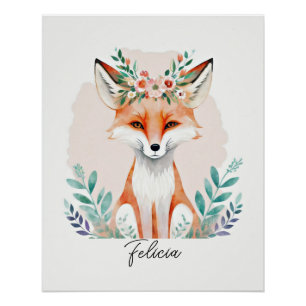 Watercolor floral fox personalized poster