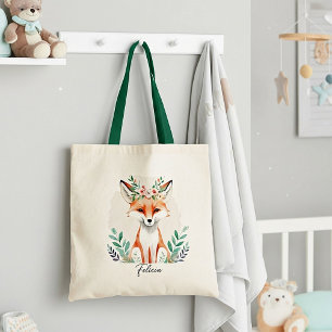 Watercolor floral fox personalized tote bag