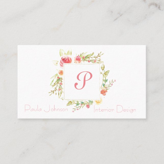 Watercolor Floral Frame Business Card (Front)
