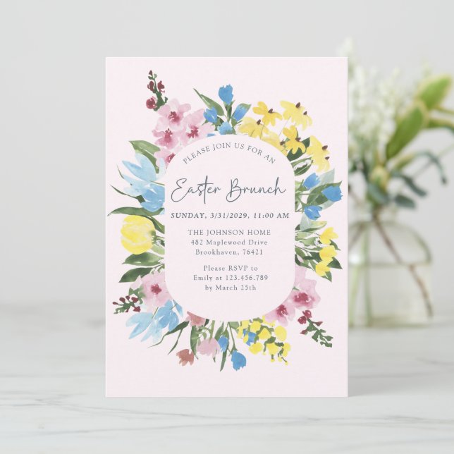 Watercolor, Floral frame Happy Easter, Brunch  Invitation (Standing Front)
