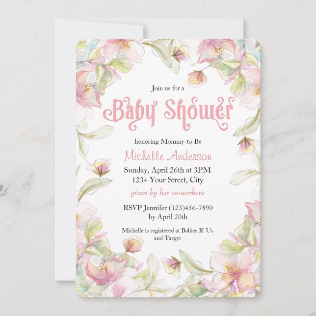 Watercolor Floral Frame Pastel Baby Shower Invitation (Front)