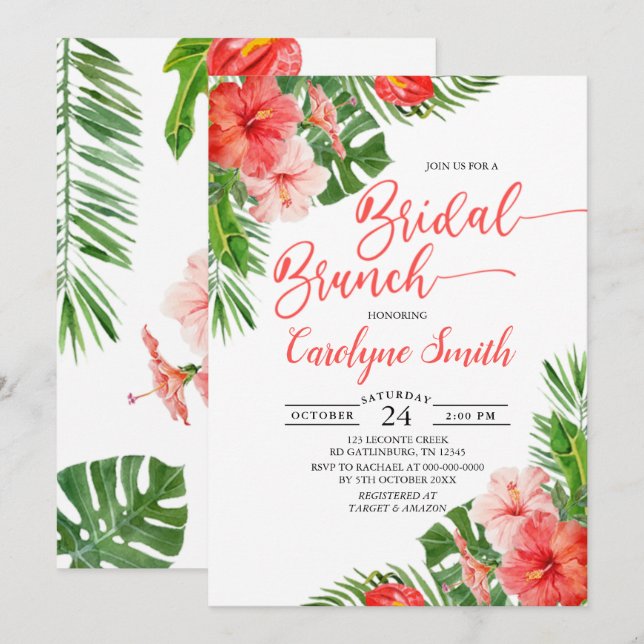 Watercolor Floral Frame Tropical Bridal Brunch Invitation (Front/Back)