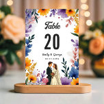 Watercolor Floral Garden Couple Summer Wedding Table Number<br><div class="desc">This elegant watercolor floral wedding table number is perfect for a modern wedding. The romantic design features an elegant watercolor floral frame with a bride and groom illustration and black calligraphy on a white background.</div>