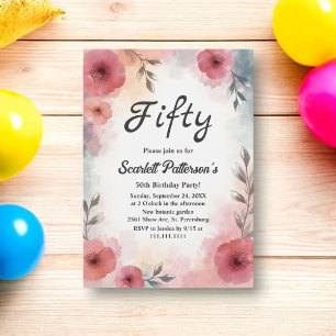 Watercolor Floral Garden Elegant 50th Birthday Invitation