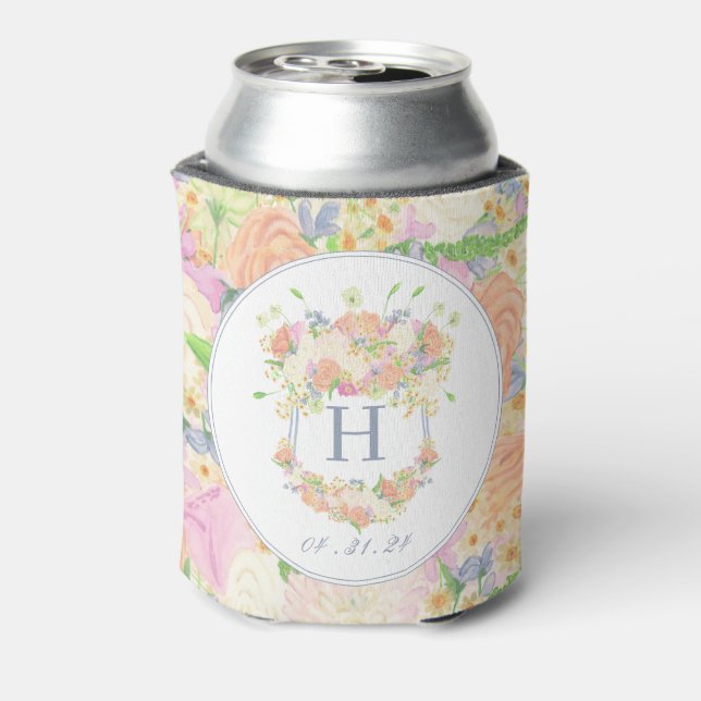 Watercolor Floral Garden Party Crest Can Cooler (Can Back)