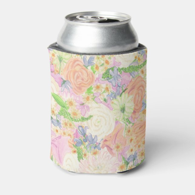 Watercolor Floral Garden Party Crest Can Cooler (Can Back)