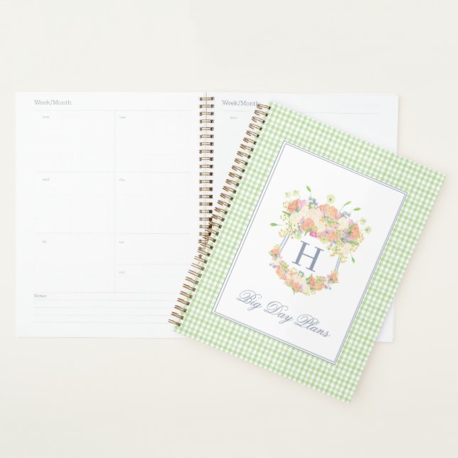 Watercolor Floral Garden Party Crest Green Gingham Planner (Display)