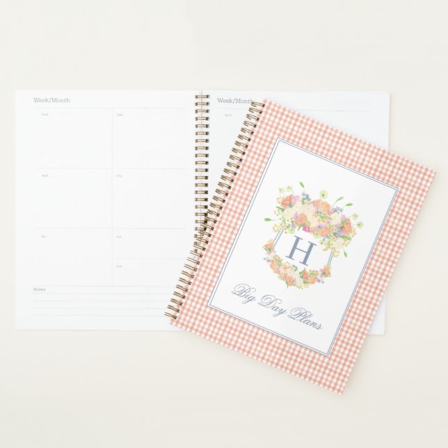 Watercolor Floral Garden Party Crest Peach Gingham Planner (Display)
