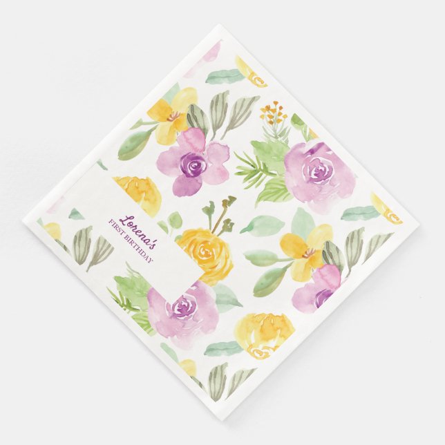 Watercolor Floral Garden Party Personalized Girly Napkin (Corner)