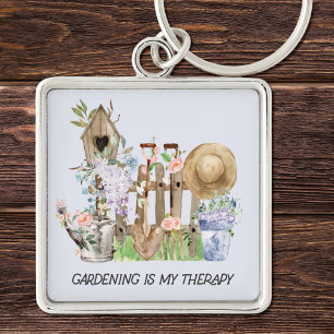 Watercolor Floral Gardening Tools and Funny Quote Keychain