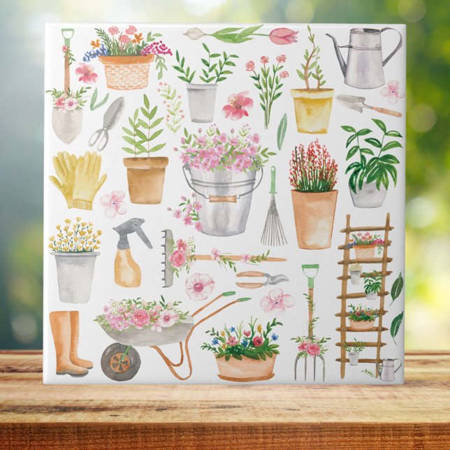 Watercolor Floral Gardening Tools Pattern Tile (Close up)