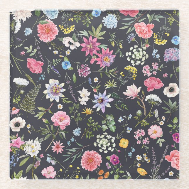 Watercolor Floral: Gentle Summer Pattern. Glass Coaster (Front)