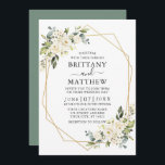 Watercolor Floral Geo Frame Sage Green Wedding Invitation<br><div class="desc">Watercolor Ivory White Floral Greenery Wedding Invitation Card includes ivory cream white roses and botanical greenery. Gold Geometric Frame,  Sage Green Back.</div>