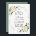 Watercolor Floral Geo Frame Sage Green Wedding Invitation<br><div class="desc">Watercolor Ivory White Floral Greenery Wedding Invitation Card includes ivory cream white roses and botanical greenery. Gold Geometric Frame,  Sage Green Back.</div>