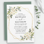 Watercolor Floral Geo Frame Sage Green Wedding Invitation<br><div class="desc">Watercolor Ivory White Floral Greenery Wedding Invitation Card includes ivory cream white roses and botanical greenery. Gold Geometric Frame,  Sage Green Back.</div>
